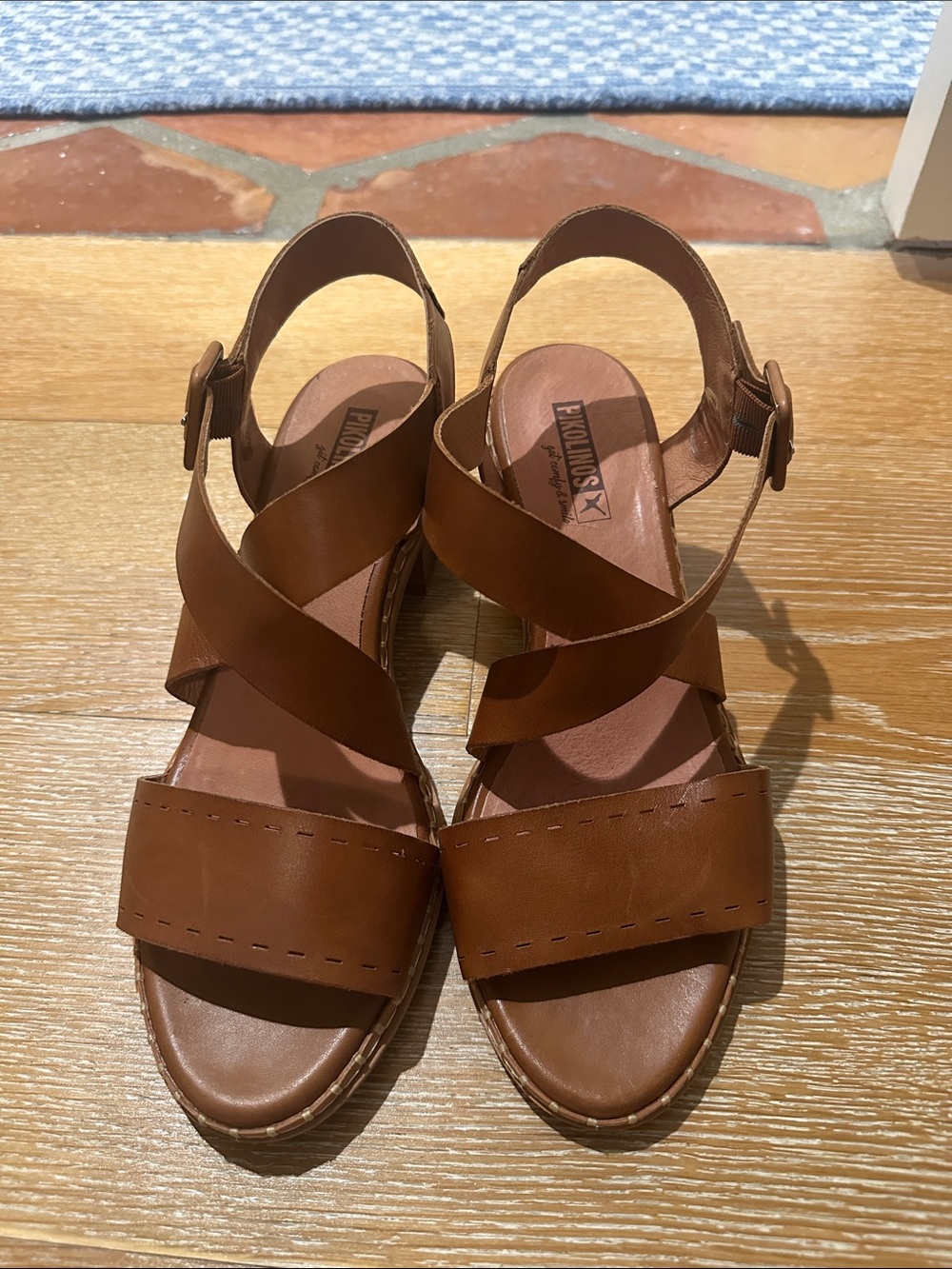 PIKOLINOS Brown Leather Cross-Strap Wedge Sandals